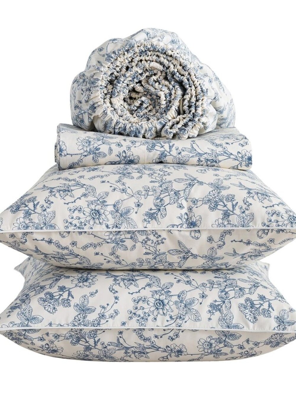 Vintage Blue Floral Percale Bed Sheets King Size Deep Pocket, 4Pcs